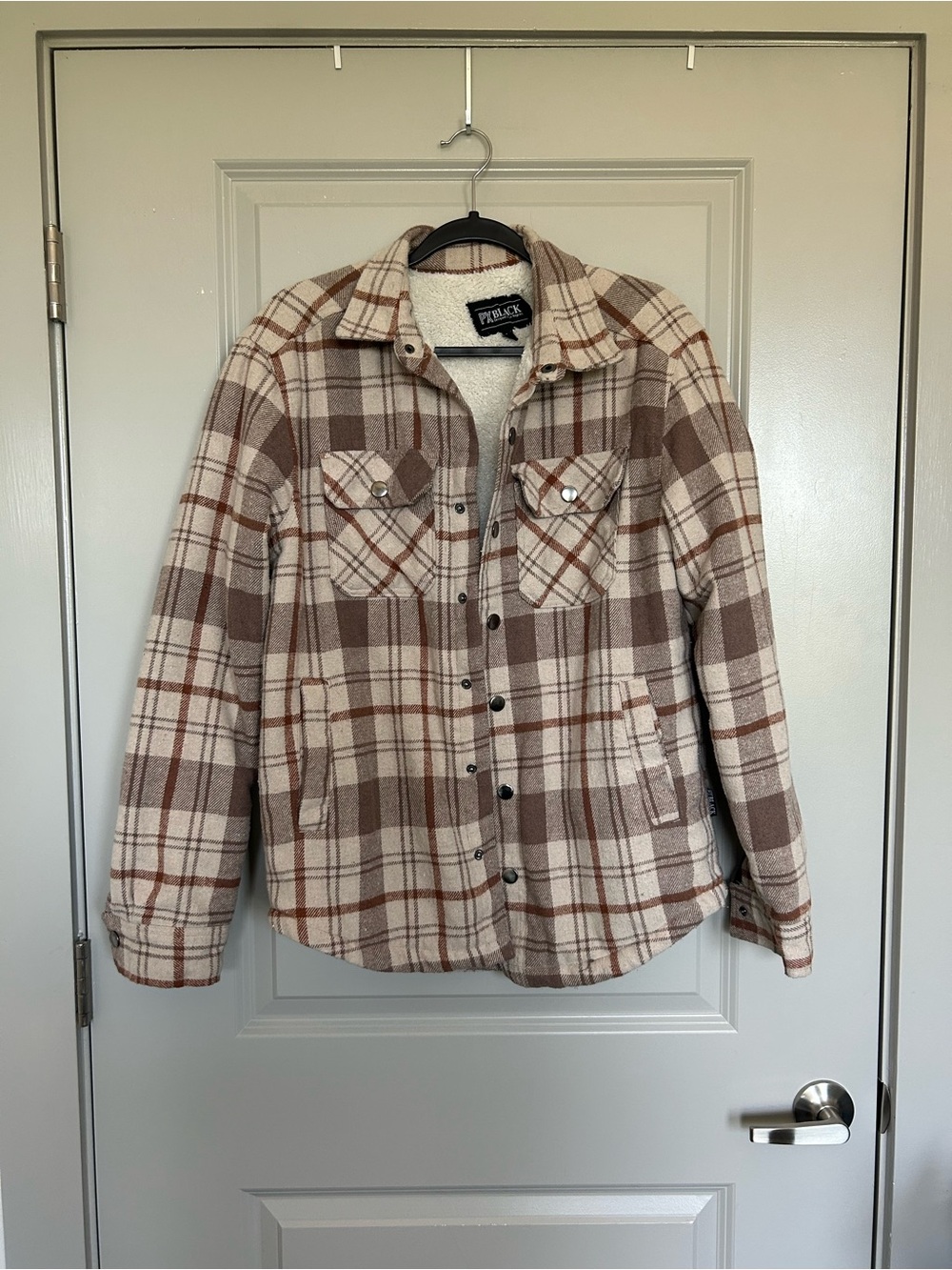 Women’s Black Plaid Teddy Sherpa Jacket in Beige and Brown